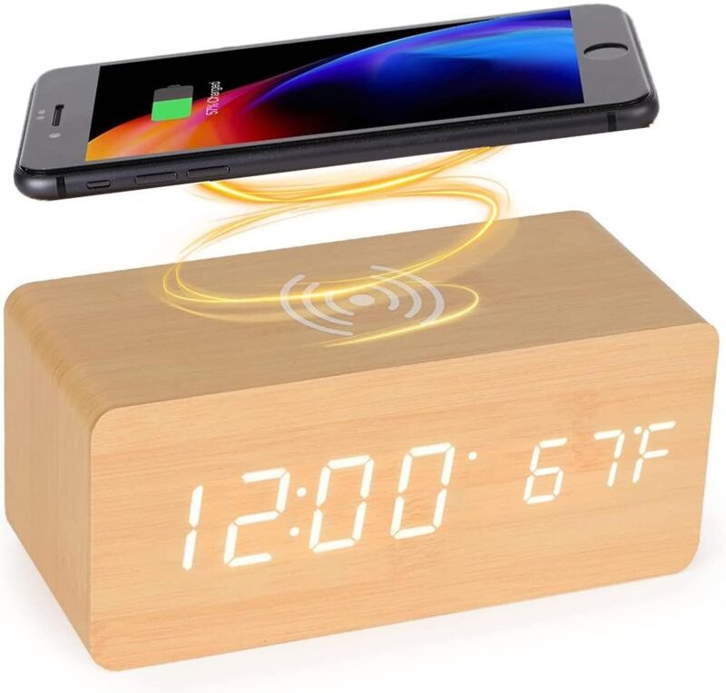 Thumbnail - Digitaler Wecker aus Holz mit kabelloser Ladestation, 5-W-Schnellladegerät für iPhone/Samsung Galaxy, Sprachsteuerung, n...