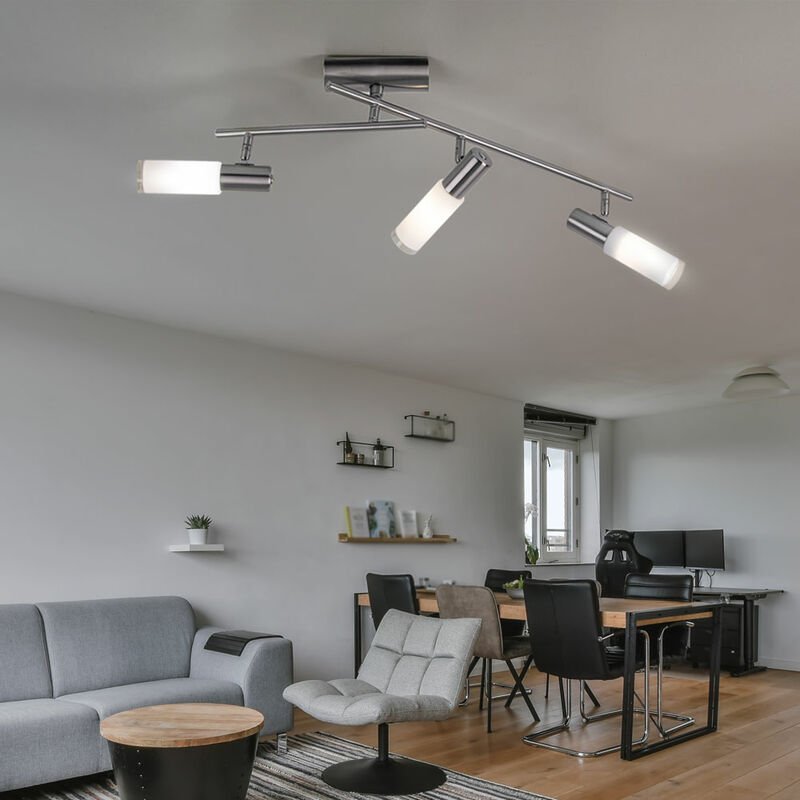 Deckenleuchte Deckenlampe Spotleuchte Wohnzimmerlampe, Spot beweglich 3 Flammig, Stahl Nickel matt Glas weiß, 3x led 3W ...