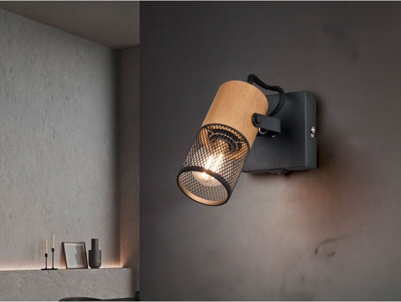 Trio Leuchten - led Wandstrahler mit Schalter, Schwarz mit Holz & Gitterschirm, Breite 9cm
