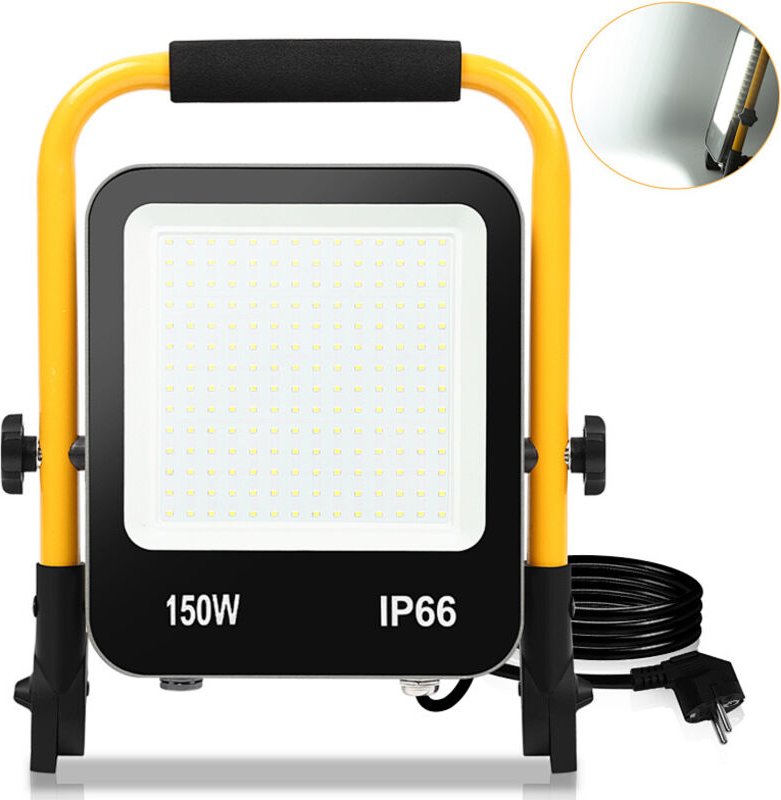 Jiubiaz LED-Baustrahler, IP66 Außenstrahler, 120° Abstrahlwinkel, 150W LED Fluter mit Stativ, 6000K Kaltweiß Arbeitslamp...