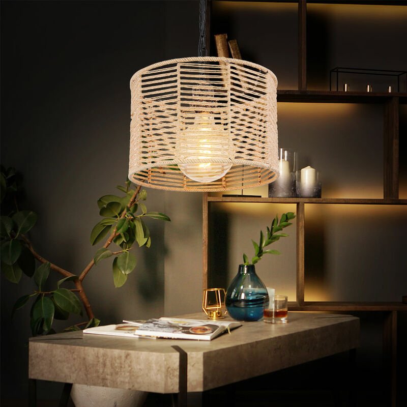 Etc-shop - Pendellampe Hängeleuchte Wohnzimmer Hanfseil Deckenlampe Metall Kette, Metall schwarz, 1x E27 Fassung, DxH 31...