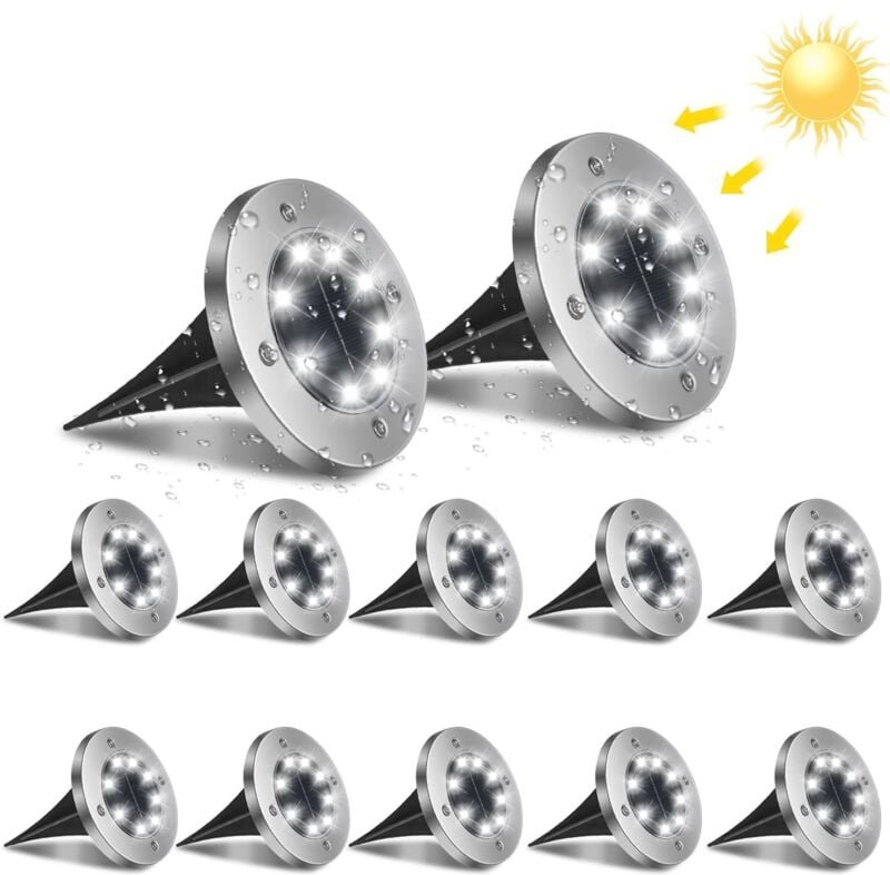 Thumbnail - 8LED Solarleuchten für den Außenbereich, 12 Stück Garten-Bodenleuchte, 6000 k, wasserdicht, IP65, Solar-Einbaustrahler f...