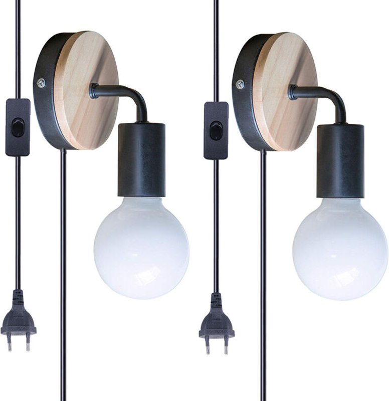 2 Stück Wandleuchte Innen Vintage Wandlampe Lampe aus Holz Metall E27 mit Schalter für Flur Wohnzimmer Schlafzimmer Essz...