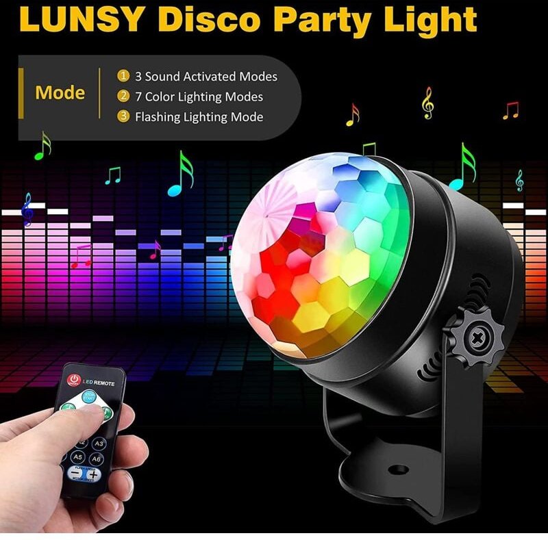 Qiedie - LED-Discokugel um 360 Grad drehbar mit Fernbedienung, 7 RGB-Farben, dynamische Lichteffekte für Party, Hallowee...