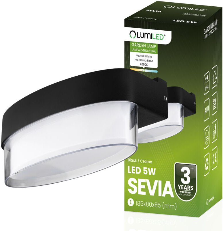 LED-Fassadenleuchte für den Außenbereich, Wandleuchte für den Garten, warmweiß 4000K, 5W, IP54, SEVIA Schwarz, LUMILED