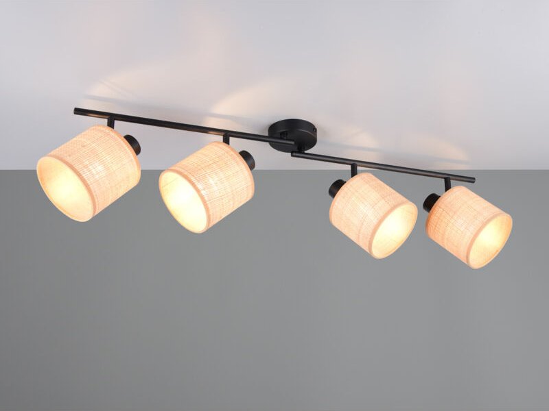 Led Deckenstrahler 4-flammig mit Lampenschirmen aus Bast, Breite 87cm