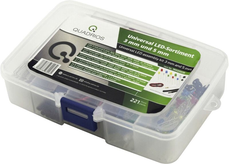 Quadrios LED-Sortiment Rot, Grün, Gelb, Blau, Kaltweiß 3 mm, 5 mm 20 mA 2.0 V