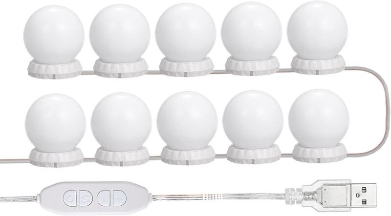 LED-Schminkspiegelbeleuchtungsset mit 10 verstellbaren Glühbirnen, 10 Helligkeitsstufen und 3 Modi, USB-Lichterkette für...