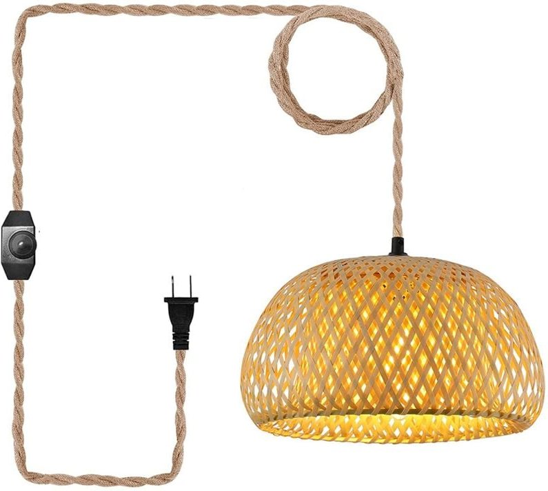 Plug in Pendelleuchte Hängelampe mit Schalter Seil Kabel Bambus Lampenschirm Wicker Rattan Lichter US