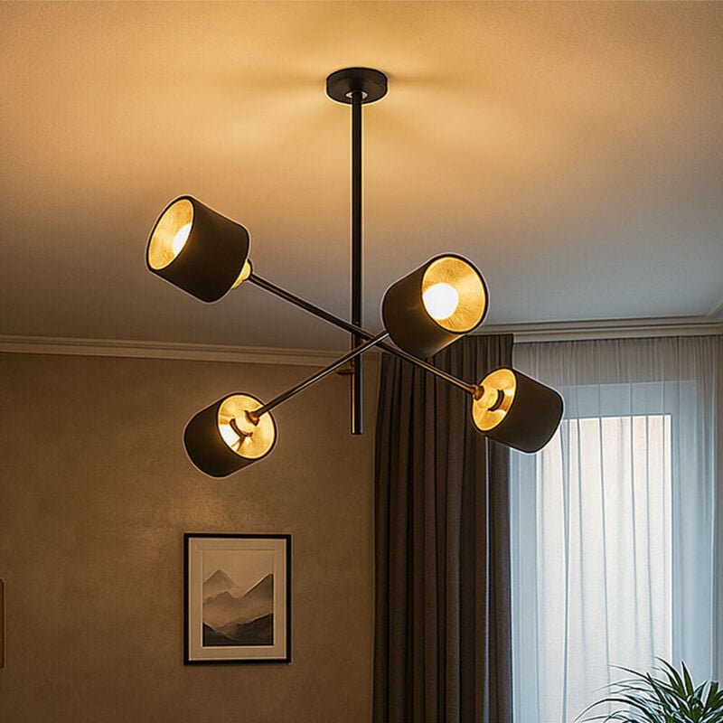Pendelleuchte Hängelampe Deckenlampe Metall Stoff 4 Flammig Esszimmerlampe, Spotleuchte Schwarz goldfarben, 4x E14 Fassu...