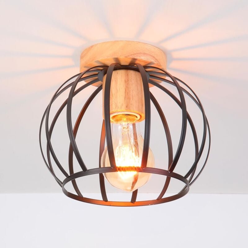 Goeco - Vintage-Deckenleuchte in Schwarz, E27-Fassung, Lampenschirm in Metallkäfigform mit Holzsockel, Pendelleuchte für...