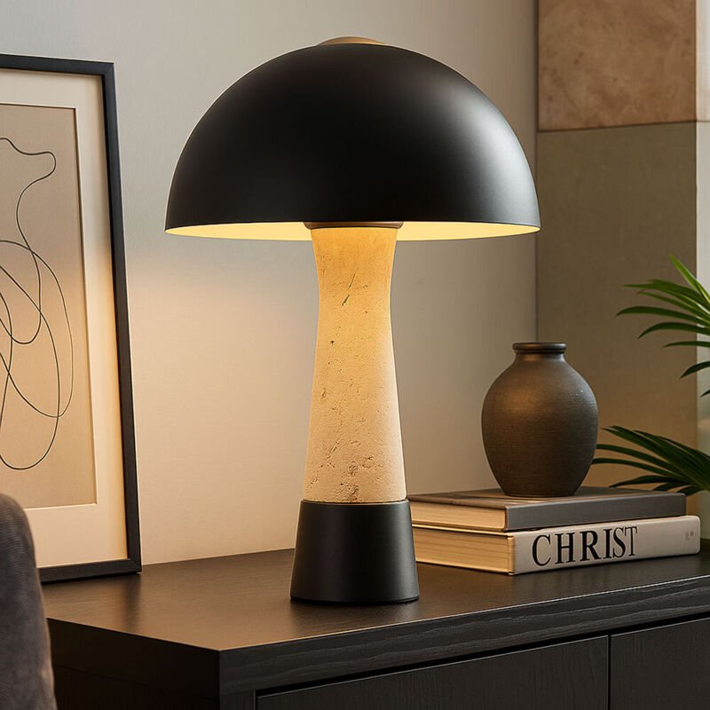 Tischlampe Pilz Holzoptik Wohnzimmerlampe Nachttischlampe Tischleuchte Pilzdesign Schlafzimmerlampe, Metall schwarz, 1x ...