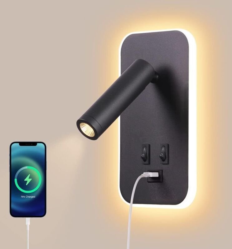 LED-Wandleuchte, Leselampe mit Schalter, USB-Ladeanschluss, einstellbare Beleuchtung