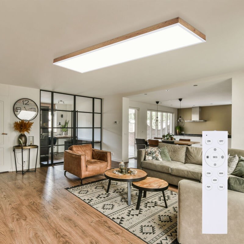 LED Deckenlampe Wohnzimmerleuchte Deckenleuchte Esszimmerleuchte, Alu Kunststoff Holzoptik weiß MDF, Fernbedienung dimmb...