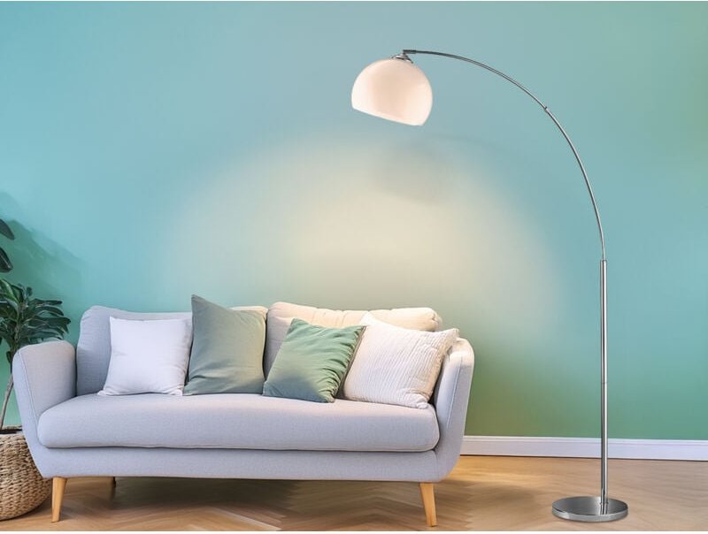 Bogenlampe Designklassiker BRASILIA Silber Chrom mit Acrylschirm, Höhe 180cm