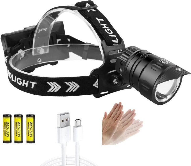 XHP99 Superhelle wiederaufladbare Stirnlampe, 2000 Lumen, 3 Beleuchtungsmodi, LED-Bewegungsmelder, wasserdicht, zoombare...