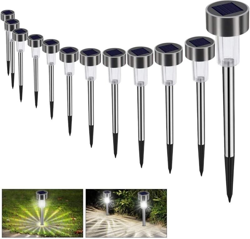 Solar-Gartenleuchte, LED-Wegeleuchte, Solarlampe, 12 Stück, energiesparend, IP65 wasserdicht, Edelstahl, ideal für Terra...