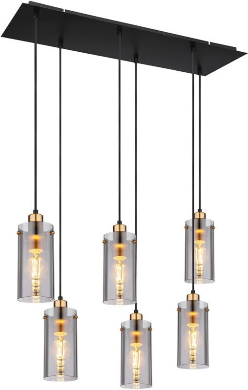 Hängeleuchte Esstischlampe Pendelleuchte Wohnzimmerlampe, Glas rauch Metall schwarz, Fassungen 6x E27 LxBxH 75x24x120 cm