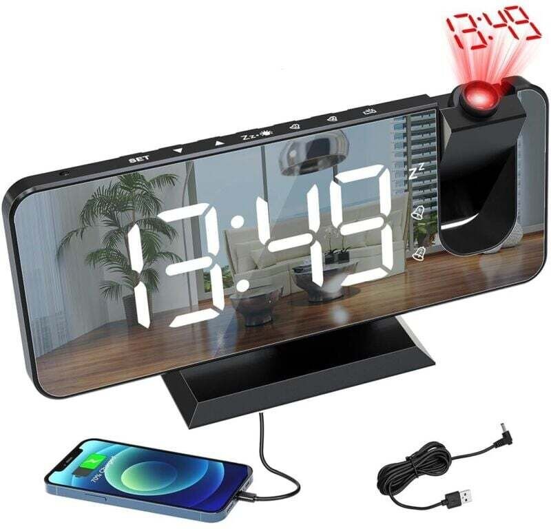 Digitales Radiowecker mit Projektor, USB-Wecker, Doppelalarm, 7-Zoll-LED-Spiegelbildschirm, Schlummerfunktion, 4 Helligk...