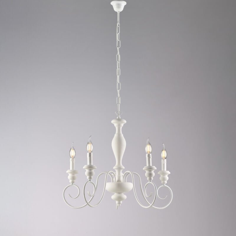 Cascina – Shabby-Kronleuchter aus weiß lackiertem Holz und Eisen, 5 Lichter, 115 – Ø60 – BL265-5-BCO