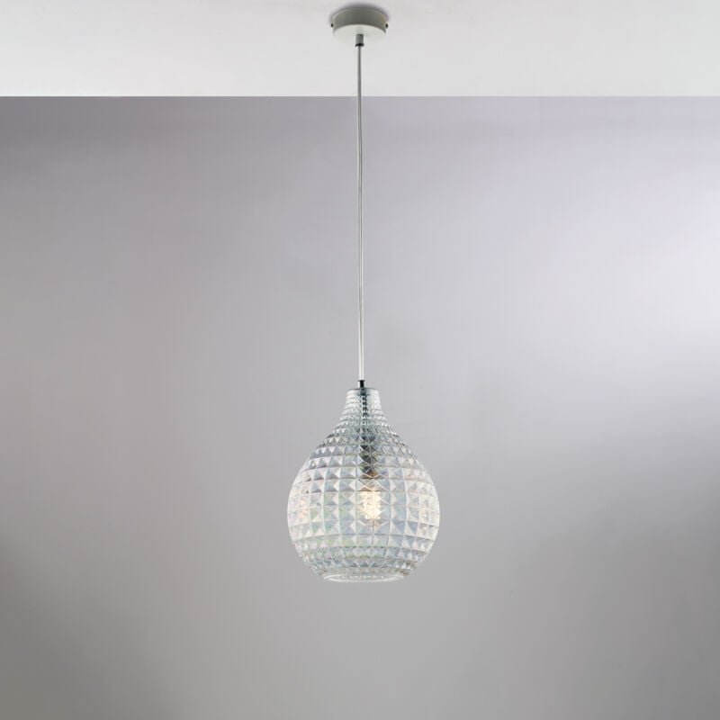 Sospensione in ferro laccato bianco e montatura cromo con cavo elettrico regolabile e diffusore in vetro soffiato traspa...