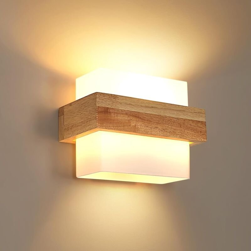 Wandleuchte Innen Holz, Moderne E27 Wandlampe mit Glasschirm, Kreatives Design Innenwandbeleuchtung für Schlafzimmer Woh...