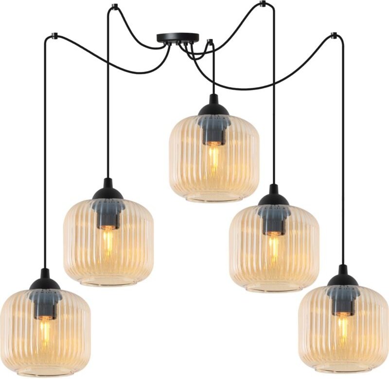 Riffle Spider Hängelampe Schwarz 5 Flacher Honigschirm Zylinder E27