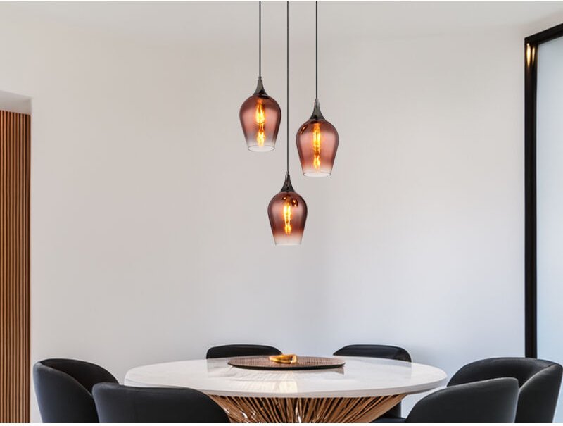Meinewunschleuchte - Ausgefallene led Pendelleuchte mit drei Kupferfarbigen Glasschirmen, ø 45cm