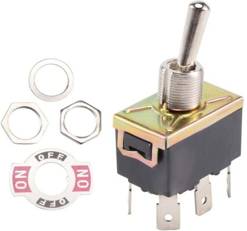 DPDT-Wippschalter, 3-Positionen, EIN/AUS/EIN, 6-polig, Schwarz/Silber, 250 V, 10 A, 125 V, 15 A