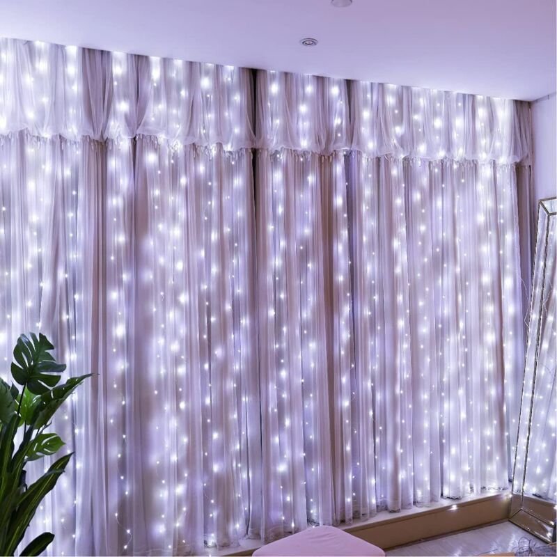 300 LED-Lichterkette, kaltweiß, Lichtervorhang, 3 m x 3 m, 8 Beleuchtungsmodi, USB, Fernbedienung mit Timer für Weihnach...