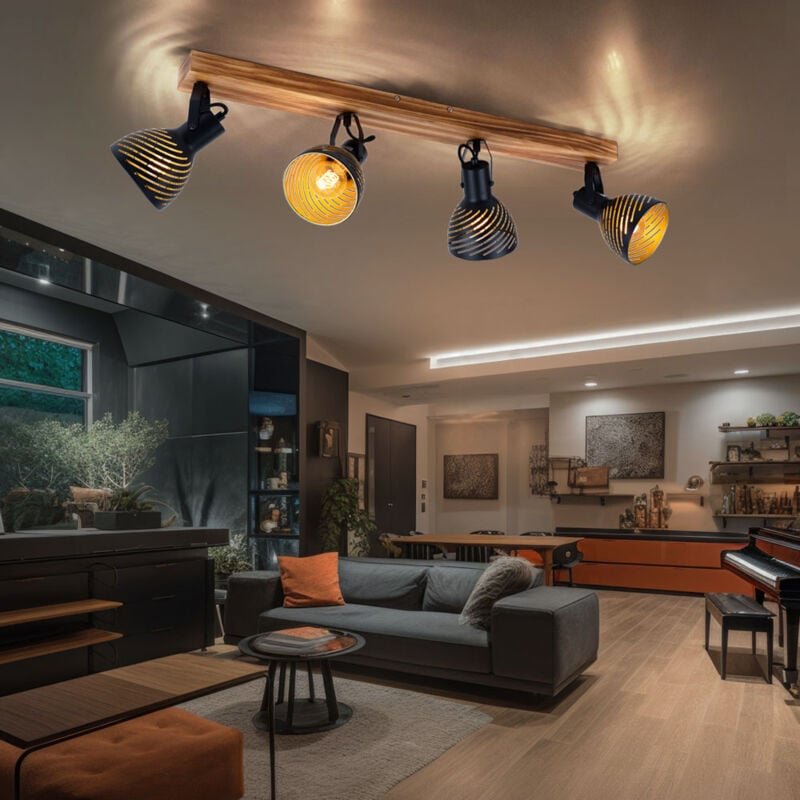Deckenlampe braun goldfarben Deckenspots 4 Flammig Wohnzimmerleuchte mit verstellbaren Spots, Metall Holz, 4x E27 Fassun...