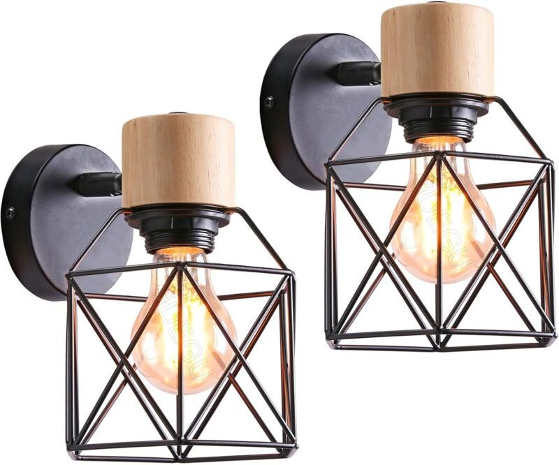 2er Set Industrielle Wandleuchten Design Metallkäfig Holz Wandlampe Verstellbar Vintage Dekoration Innenbeleuchtung für ...
