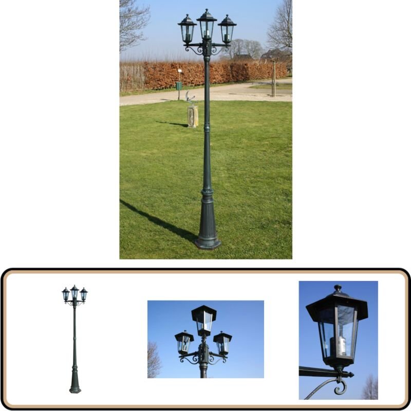 Gartenlaterne 3-flammig 215 cm Dunkelgrün/Schwarz Aluminium - Gartenleuchte - Außeleuchte - LED-Laterne - Alu-Laterne - ...