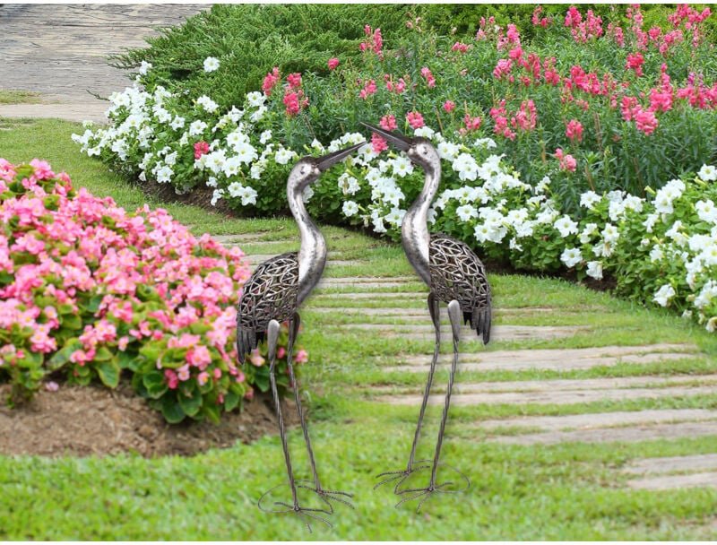 Meinewunschleuchte - 2er Set Solarbetriebene led Deko Figuren Kranich aus Metall in Grau, Höhe 77cm