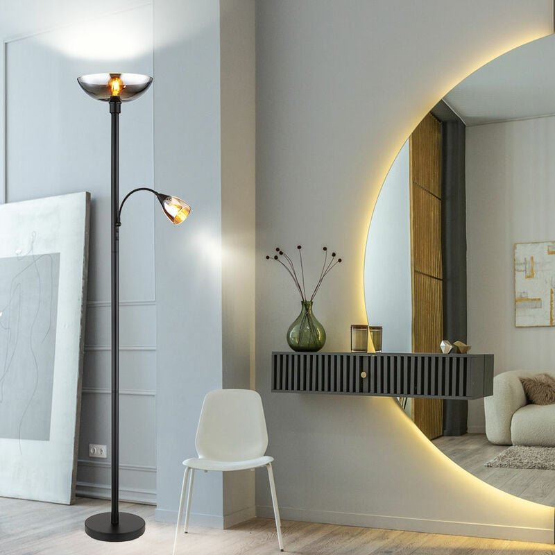 Stehleuchte Deckenfluter Standlampe Leseleuchte Schlafzimmerleuchte Wohnzimmerlampe, Metall schwarz Glas rauchfarben, ge...