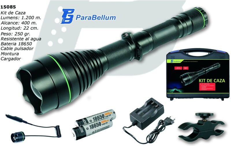 Jagdtaschenlampe 1200 Lumen, mit Ladegerät, Verlängerungskabel und Koffer Parabellum 15085