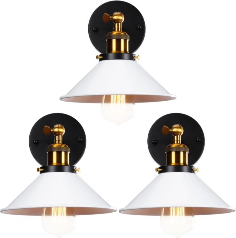3 Stücke Industrielle Vintage Wandleuchte Edison-Stil Wandlampe Metall Deckenleuchte mit 180° Drehung Weiß Ø26cm