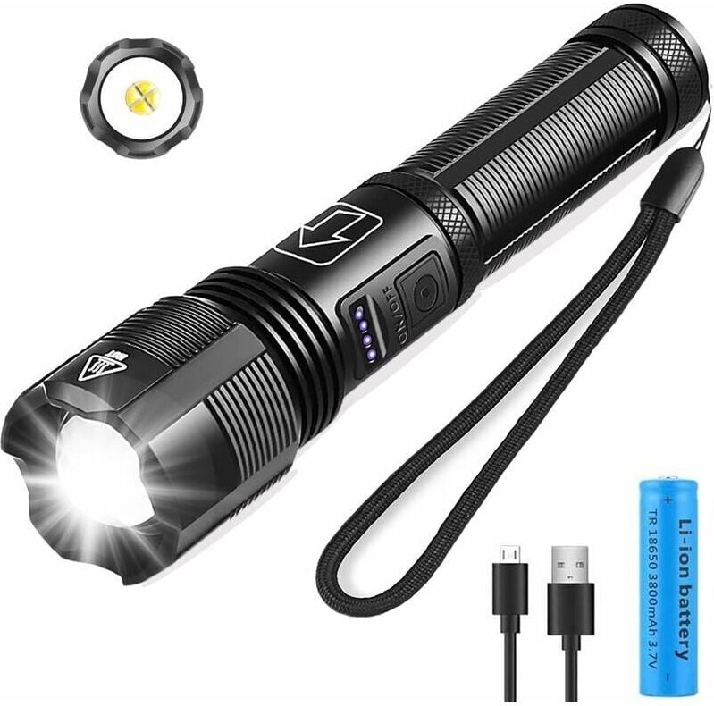 Thumbnail - Er-siice - LED-Taschenlampen -XHP50 3000 Lumen- mit wiederaufladbarem 18650-Akku, 3800 mAh/Zoom/Wasserdicht/5 Helligkeit...
