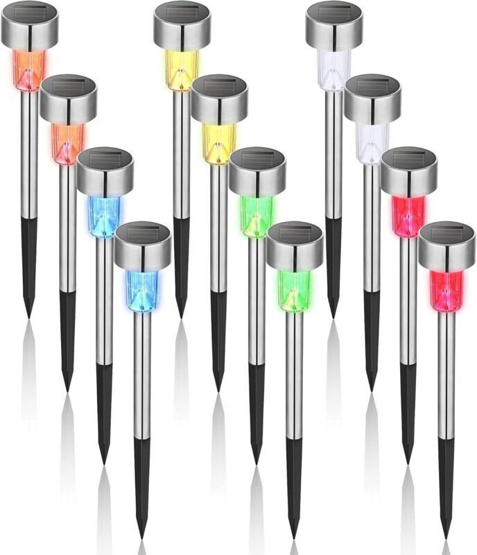 Bunte Solar-Gartenleuchten für den Außenbereich, kabellose LED-Leuchten aus Edelstahl, 12 Stück, 4,5 × 29,5 cm