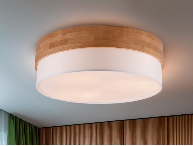 Led Deckenleuchte Holzlampe mit Stoffschirm Weiß, ø 50cm