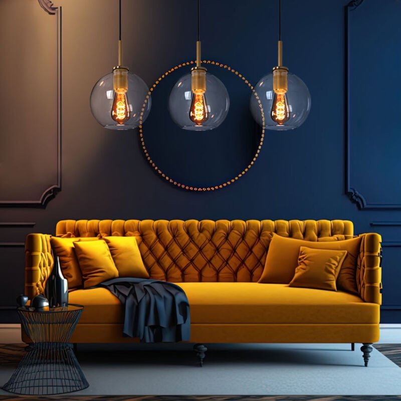 Hängelampe Pendelleuchte Glas 3 flammig Lampenschirm Hängelampe Glaskugel Esstischlampe, Metall messingfarben, 3x E27 Fa...