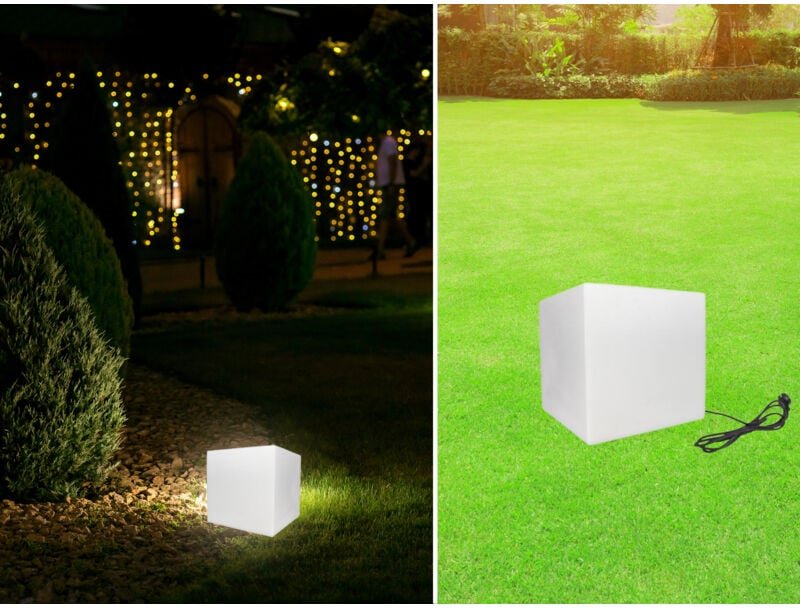 Perel Gartenleuchte, Würfel, mit Erdspieß, für innen und außen, Zuleitung 3 m, 38 cm, E27-Fassung, IP65, Weiß