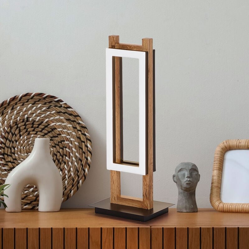 Tischleuchte Holzleuchte Schlafzimmer Tischlampe Vintage, 2 flammig, Metall schwarz mdf dunkelbraun opal, 2x led 20W 850...