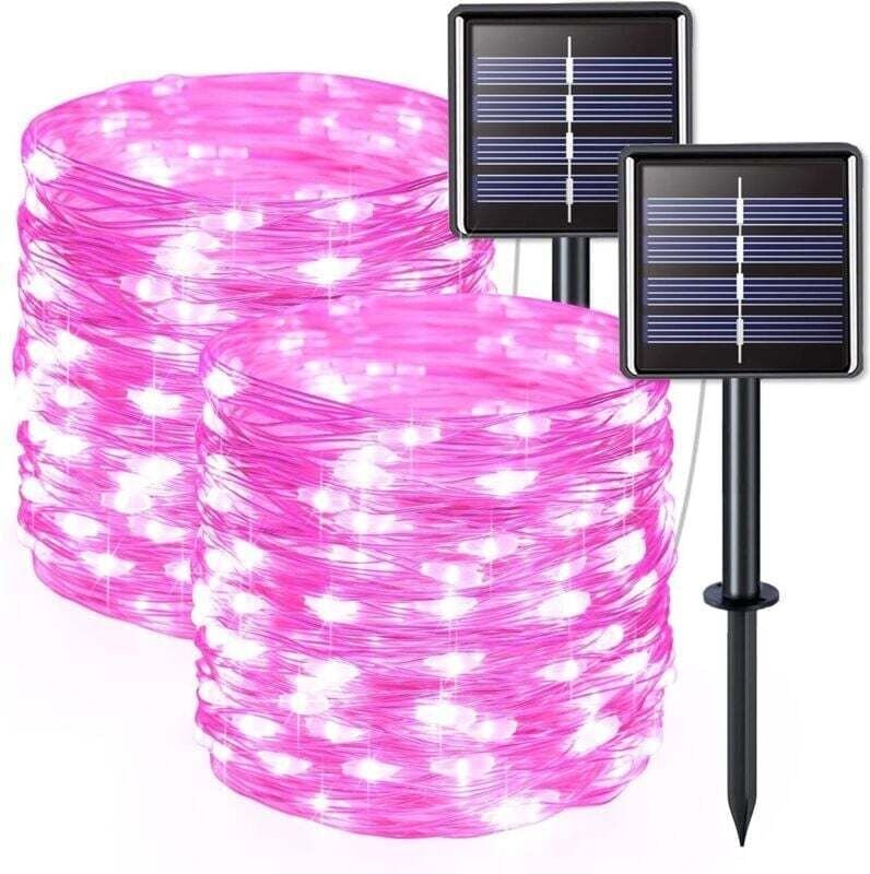 Set mit 2 Solar-Lichterketten für den Außenbereich, Kupferdraht, wasserdicht, je 7 Meter, 50 LEDs (rosa Licht)