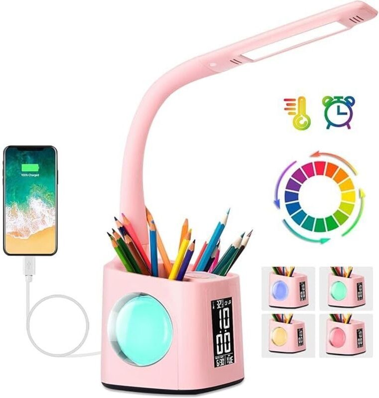 Schreibtischlampe Kinder LED,Tischlampe Dimmbar mit Uhr, Nachttischlampe Tischleuchte mit 256 RGB Nachtlicht/Stifthalter...