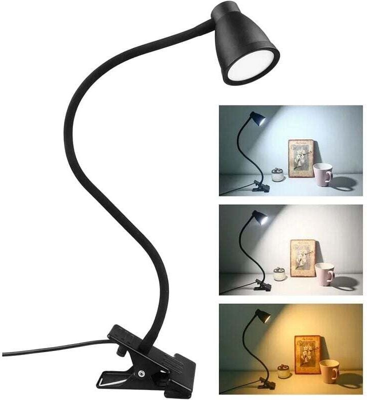 LED-Klemm-Schreibtischlampe, 3 Farben, 5 einstellbare Helligkeitsstufen, USB-Klemm-Nachttischlampe, 360° flexible Lesela...