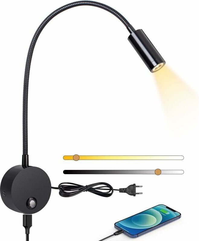 Wandleuchte, LED-Wandleuchte mit Unterbrecher, taktilem, dimmbarem USB-Ladeanschluss, 3 w 360° drehbare Wandleuchte mit ...