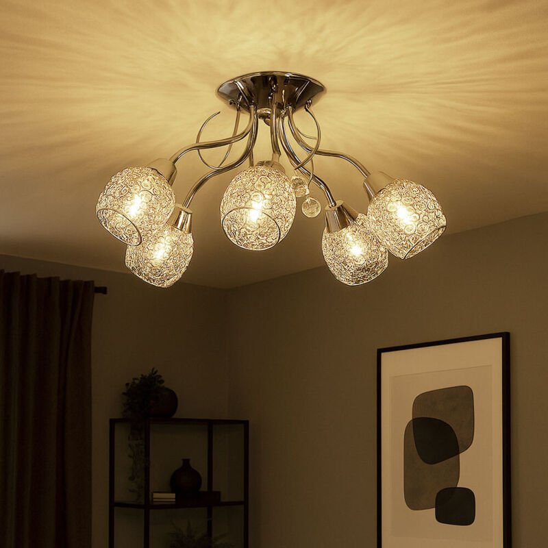 Globo - Deckenleuchte Chrom Kristallleuchte Spotleuchte Deckenlampe Kristalle 5 Flammig, Chromgeflecht, 5x E14 Fassungen...