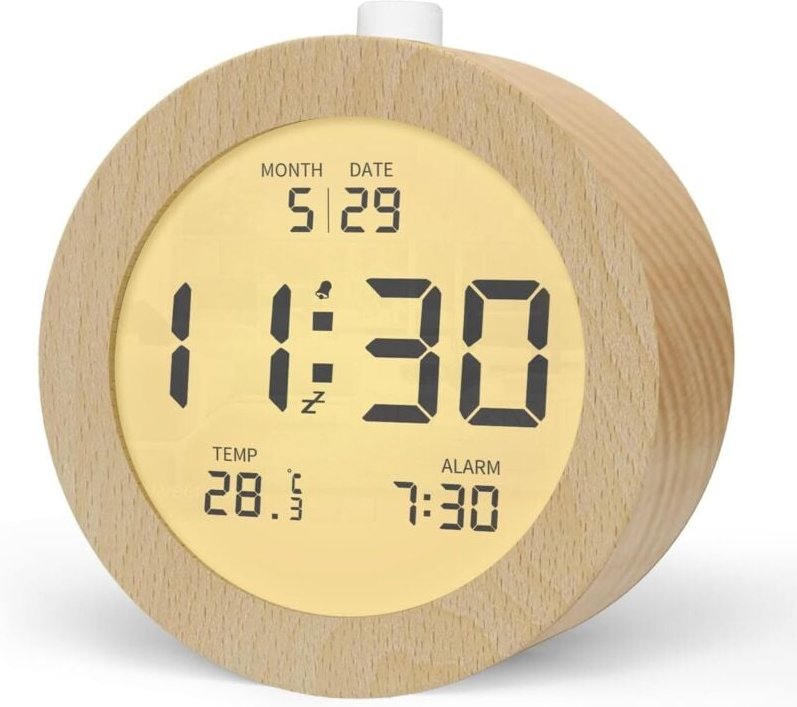Digitaler Wecker aus Holz, LCD-Digitalwecker mit Datum, Temperatur, Schlummerfunktion, Hintergrundbeleuchtung, batterieb...