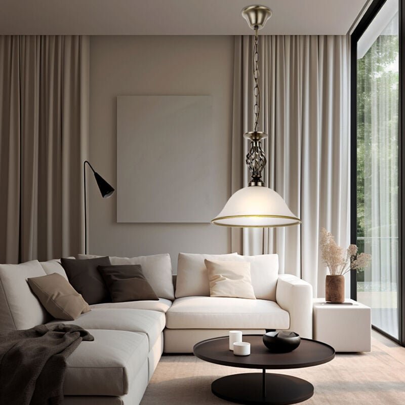 Hängeleuchte Pendellampe Glasleuchte Küchen Deckenleuchte Beleuchtung Glas satiniert, Lampenrand Altmessing, 1x LED 7W 5...